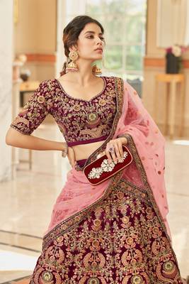 MAROON THREAD ZARI DORI AND SEQUINS EMBROIDEREY WORK VELVET SEMI STITCHED LEHENGA CHOLI 3
