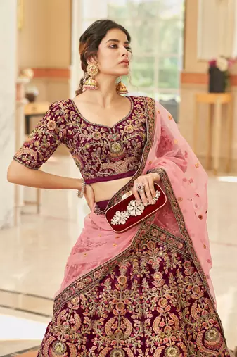 MAROON THREAD ZARI DORI AND SEQUINS EMBROIDEREY WORK VELVET SEMI STITCHED LEHENGA CHOLI