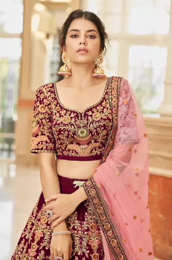 MAROON THREAD ZARI DORI AND SEQUINS EMBROIDEREY WORK VELVET SEMI STITCHED LEHENGA CHOLI
