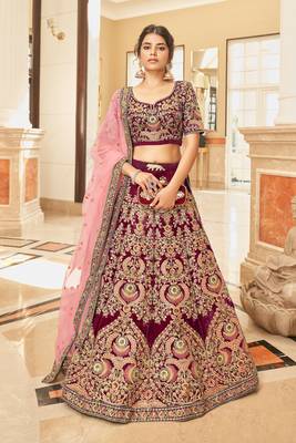 MAROON THREAD ZARI DORI AND SEQUINS EMBROIDEREY WORK VELVET SEMI STITCHED LEHENGA CHOLI 5