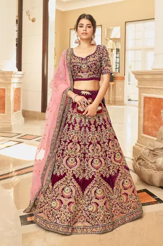 MAROON THREAD ZARI DORI AND SEQUINS EMBROIDEREY WORK VELVET SEMI STITCHED LEHENGA CHOLI