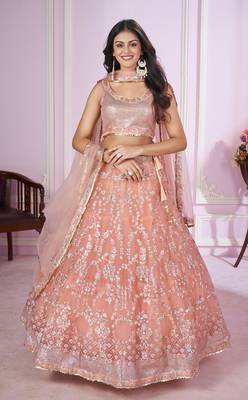 PEACH PINK SEQUINS THREAD BADLA ZARI EMBROIDERED SOFT NET SEMI STITCHED LEHENGA CHOLI 1