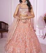 PEACH PINK SEQUINS THREAD BADLA ZARI EMBROIDERED SOFT NET SEMI STITCHED LEHENGA CHOLI