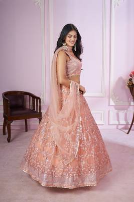 PEACH PINK SEQUINS THREAD BADLA ZARI EMBROIDERED SOFT NET SEMI STITCHED LEHENGA CHOLI 3