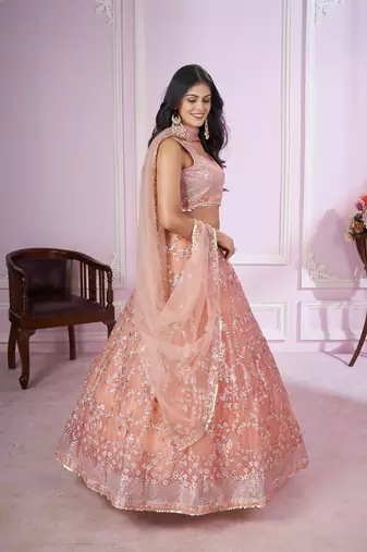 PEACH PINK SEQUINS THREAD BADLA ZARI EMBROIDERED SOFT NET SEMI STITCHED LEHENGA CHOLI