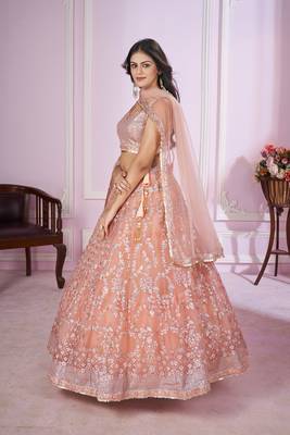 PEACH PINK SEQUINS THREAD BADLA ZARI EMBROIDERED SOFT NET SEMI STITCHED LEHENGA CHOLI 4