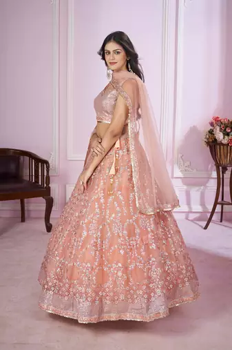 PEACH PINK SEQUINS THREAD BADLA ZARI EMBROIDERED SOFT NET SEMI STITCHED LEHENGA CHOLI