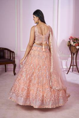 PEACH PINK SEQUINS THREAD BADLA ZARI EMBROIDERED SOFT NET SEMI STITCHED LEHENGA CHOLI 5