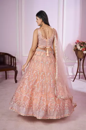 PEACH PINK SEQUINS THREAD BADLA ZARI EMBROIDERED SOFT NET SEMI STITCHED LEHENGA CHOLI
