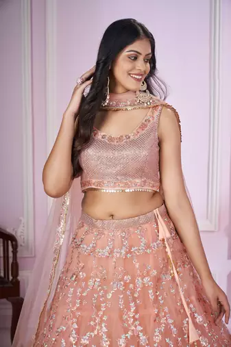 PEACH PINK SEQUINS THREAD BADLA ZARI EMBROIDERED SOFT NET SEMI STITCHED LEHENGA CHOLI