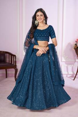 BLUE SEQUINS THREAD EMBROIDERED GEORGETTE SEMI STITCHED LEHENGA CHOLI 1
