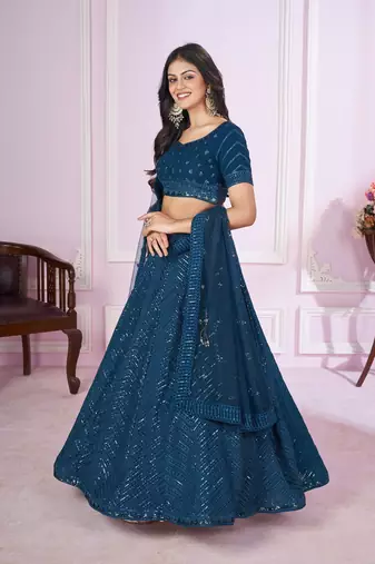 BLUE SEQUINS THREAD EMBROIDERED GEORGETTE SEMI STITCHED LEHENGA CHOLI