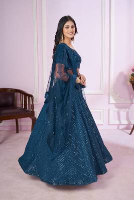 BLUE SEQUINS THREAD EMBROIDERED GEORGETTE SEMI STITCHED LEHENGA CHOLI 4