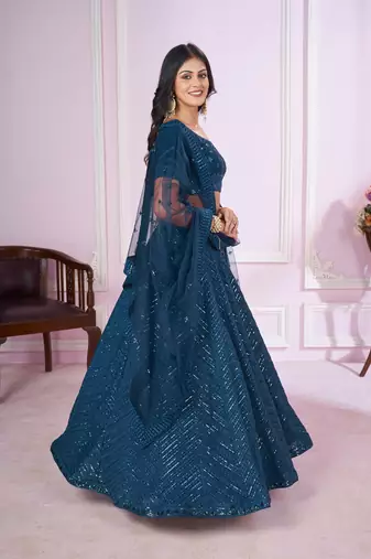 BLUE SEQUINS THREAD EMBROIDERED GEORGETTE SEMI STITCHED LEHENGA CHOLI