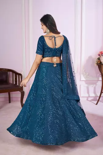 BLUE SEQUINS THREAD EMBROIDERED GEORGETTE SEMI STITCHED LEHENGA CHOLI