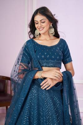 BLUE SEQUINS THREAD EMBROIDERED GEORGETTE SEMI STITCHED LEHENGA CHOLI 6