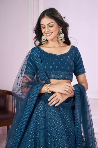 BLUE SEQUINS THREAD EMBROIDERED GEORGETTE SEMI STITCHED LEHENGA CHOLI