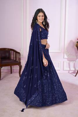 BLUE SEQUINS THREAD EMBROIDERED GEORGETTe SEMI STITCHED LEHENGA CHOLI 3