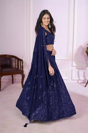 BLUE SEQUINS THREAD EMBROIDERED GEORGETTe SEMI STITCHED LEHENGA CHOLI