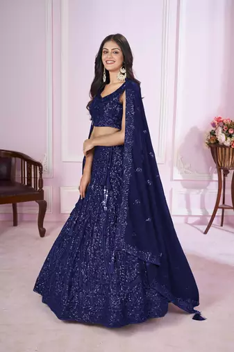 BLUE SEQUINS THREAD EMBROIDERED GEORGETTe SEMI STITCHED LEHENGA CHOLI