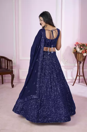BLUE SEQUINS THREAD EMBROIDERED GEORGETTe SEMI STITCHED LEHENGA CHOLI