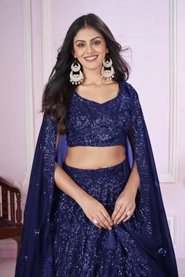 BLUE SEQUINS THREAD EMBROIDERED GEORGETTe SEMI STITCHED LEHENGA CHOLI 6