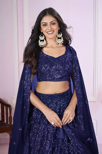 BLUE SEQUINS THREAD EMBROIDERED GEORGETTe SEMI STITCHED LEHENGA CHOLI