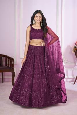 PURPLE SEQUINS THREAD BADLA ZARI EMBROIDERED SOFT NET SEMI STITCHED LEHENGA CHOLI 1