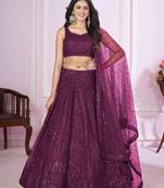 PURPLE SEQUINS THREAD BADLA ZARI EMBROIDERED SOFT NET SEMI STITCHED LEHENGA CHOLI