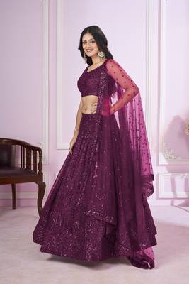 PURPLE SEQUINS THREAD BADLA ZARI EMBROIDERED SOFT NET SEMI STITCHED LEHENGA CHOLI 3