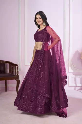 PURPLE SEQUINS THREAD BADLA ZARI EMBROIDERED SOFT NET SEMI STITCHED LEHENGA CHOLI