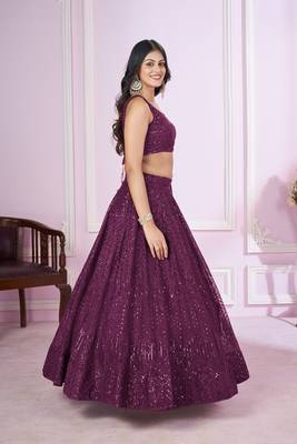 PURPLE SEQUINS THREAD BADLA ZARI EMBROIDERED SOFT NET SEMI STITCHED LEHENGA CHOLI 4