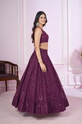 PURPLE SEQUINS THREAD BADLA ZARI EMBROIDERED SOFT NET SEMI STITCHED LEHENGA CHOLI