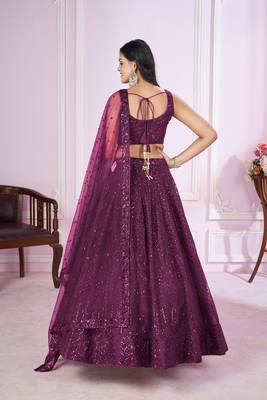 PURPLE SEQUINS THREAD BADLA ZARI EMBROIDERED SOFT NET SEMI STITCHED LEHENGA CHOLI 5