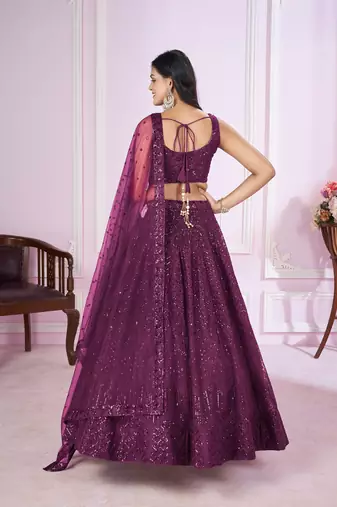 PURPLE SEQUINS THREAD BADLA ZARI EMBROIDERED SOFT NET SEMI STITCHED LEHENGA CHOLI