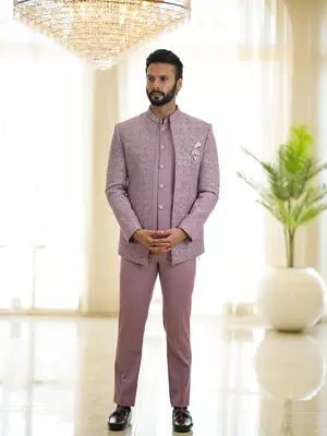Lavender open pattern jodhpuri suit 1