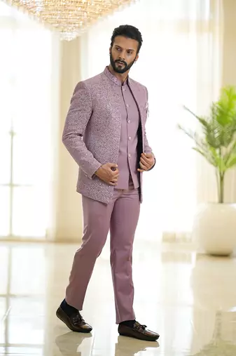 Lavender open pattern jodhpuri suit