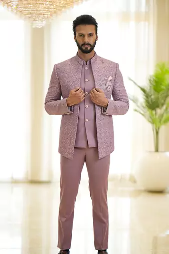 Lavender open pattern jodhpuri suit