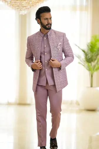 Lavender open pattern jodhpuri suit