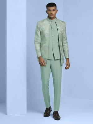 Sea green jacquard open pattern jodhpuri suit 1