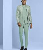 Sea green jacquard open pattern jodhpuri suit