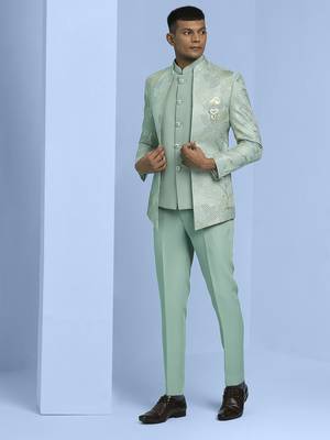 Sea green jacquard open pattern jodhpuri suit 2