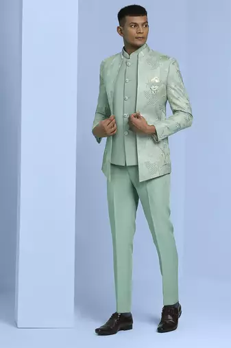 Sea green jacquard open pattern jodhpuri suit