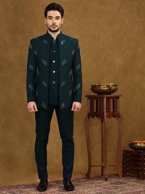 Rama green open pattern jodhpuri suit with embroidery 1