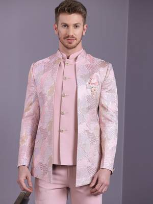 Pink jacquard open pattern jodhpuri suit 1