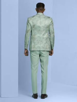 Sea green jacquard open pattern jodhpuri suit 3
