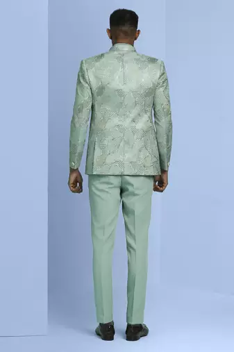 Sea green jacquard open pattern jodhpuri suit