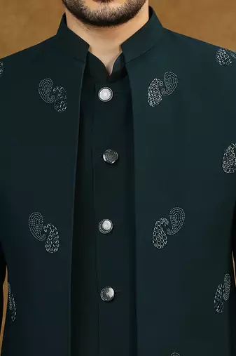 Rama green open pattern jodhpuri suit with embroidery