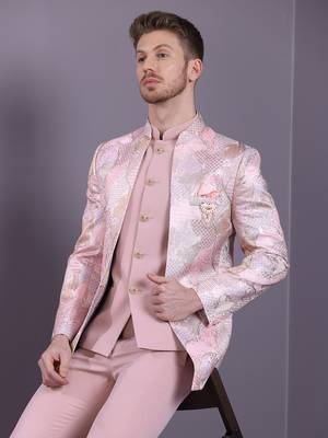 Pink jacquard open pattern jodhpuri suit 2