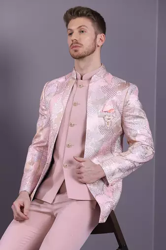 Pink jacquard open pattern jodhpuri suit